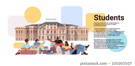 mix race students using laptops and discussing during meeting near university building science and education concept 105003507