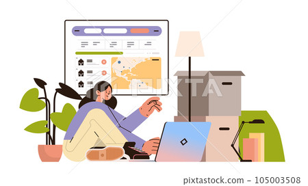 girl with cardboard boxes using laptop student going to university science and education concept 105003508