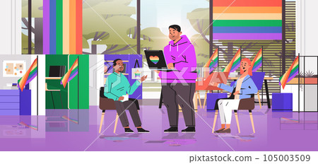 mix race people in colorful clothes working in office lgbt rainbow flag transgender love generation Z concept 105003509