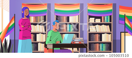 couple in colorful clothes working in office lgbt rainbow flag transgender love generation Z concept horizontal 105003510