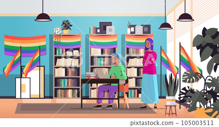 couple in colorful clothes working in office lgbt rainbow flag transgender love generation Z concept horizontal 105003511
