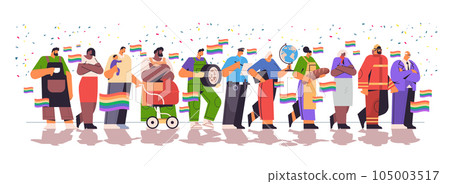 mix race people of different occupations with lgbt rainbow flags standing together gay lesbian love parade transgender love mix race people of different occupations with lgbt rainbow flags standing together gay lesbian love parade transgender love 105003517