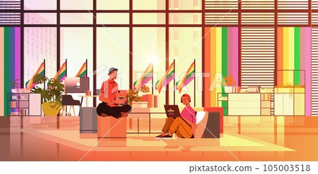 couple in colorful clothes working in office lgbt rainbow flag transgender love generation Z concept 105003518