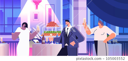 mix race people drinking champagne and having fun at corporate party event men women in formal wear having fun 105003552