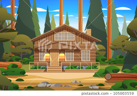 wooden holiday house in forest cottage among trees suburban real estate concept horizontal 105003559