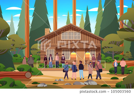 people resting in wooden holiday house in forest cottage among trees suburban real estate summer adventure trip vacation 105003560