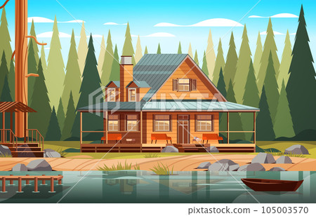 wooden holiday house near lake in forest cottage among trees suburban real estate concept horizontal wooden holiday house near lake in forest cottage among trees suburban real estate concept horizontal 105003570