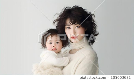 亞洲婦女抱著嬰兒、媽媽、家庭主婦、父母和孩子（生成人工智能） 105003681