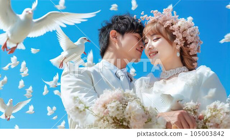 Bride and groom doing a pigeon release at a wedding ceremony (Generative AI) 105003842