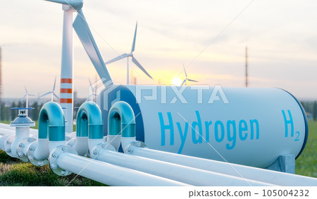 Hydrogen pipeline and hydrogen fuel tank with wind turbines farm, green power and environmental protection concept 105004232