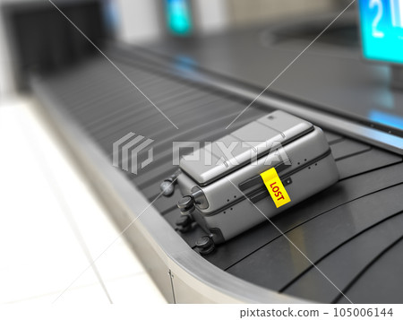 Suitcase with lost sticker on an airport baggage conveyor or baggage claim transporter. 105006144