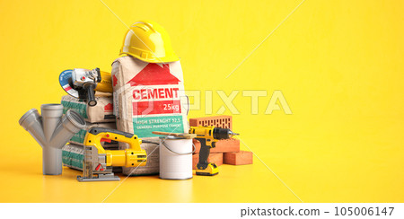 Construction materials and tools on yellow background. 3 105006147