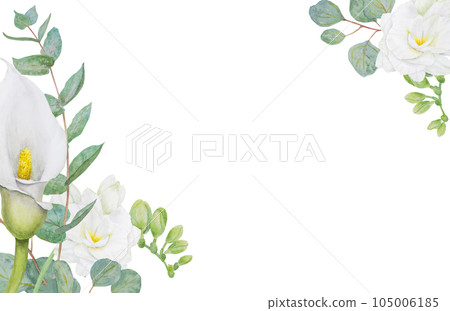Watercolor frame of white calla lily, freesia flowers and eucalipt. Hand drawn floral illustration for wedding invitations, floristic, beauty salon. Isolated tropical water arum for greeting 105006185