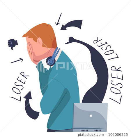 Teen Boy Victim of Cyberbullying Suffering from Violence and Hatred from Social Media Vector Illustration 105006225