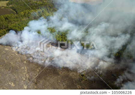 Aerial view of white smoke from forest fire rising up polluting atmosphere. Natural disaster concept 105006226
