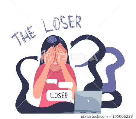 Teen Girl Victim of Cyberbullying Suffering from Violence and Hatred from Social Media Vector Illustration 105006229