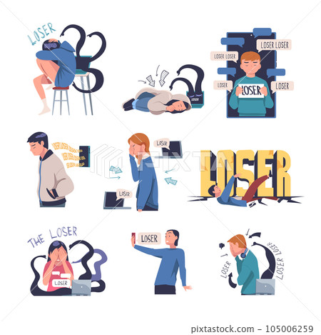 Victim of Cyberbullying Suffering from Violence and Hatred from Social Media Vector Illustration Set 105006259