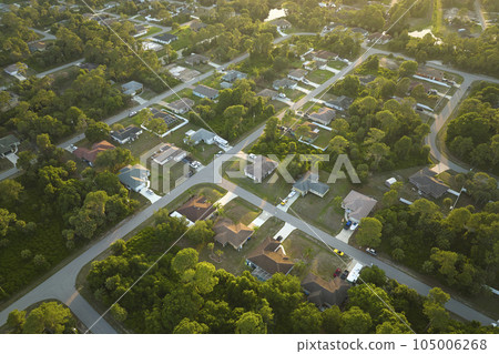 Aerial view of suburban landscape with private homes between green palm trees in Florida quiet residential area 105006268