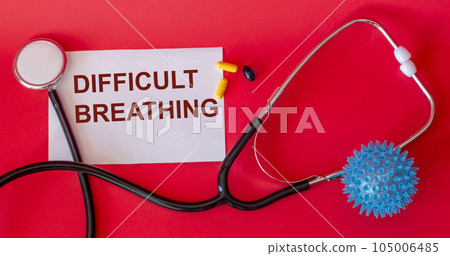 Difficulty breathing - the word is written on white paper and a red background Difficulty breathing - the word is written on white paper and a red background 105006485