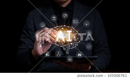 AI or Artificial intelligence concept. Businessman touching virtual artificial intelligence brain. Use of AI to help business, Used in daily life, Digital transformation, Internet of Things, ChatGPT, 105006761