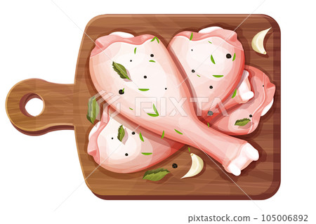 Chicken leg, raw drumstick top view on wooden round board with garlic and seasoning spices in cartoon style isolated on white background. Bird meat uncoocked, ingredient design. 105006892