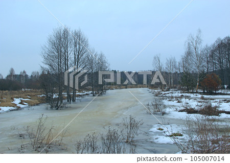 Beautiful landscape with winter river. Frost and snow Beautiful landscape with winter river. Frost and snow 105007014