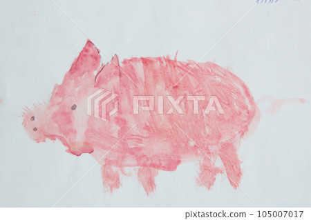 Child's drawing of pink pig made by water color. 105007017