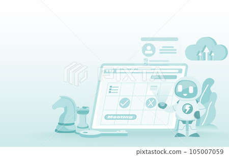 Artificial Intelligence (AI) technology and manage work schedule. Display daily schedules and appointments, reminders and send notifications. Show updates and meeting plan. Vector illustration. Artificial Intelligence (AI) technology and manage work schedule. Display daily schedules and appointments, reminders and send notifications. Show updates and meeting plan. Vector illustration. 105007059