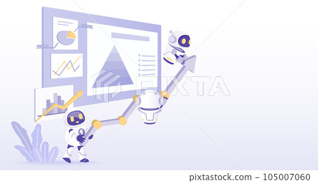 Ai robot holding arrow pointing to growth management strategy, tactical plan, marketing report, analysis database. Flat vector design illustration with copy space. Ai robot holding arrow pointing to growth management strategy, tactical plan, marketing report, analysis database. Flat vector design illustration with copy space. 105007060