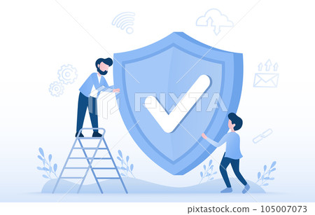 Protection concept. Business people holding a shield, represent protecting and keeping personal details and sensitive data safe. Security measures, encryption, firewalls, secure access protocols. Protection concept. Business people holding a shield, represent protecting and keeping personal details and sensitive data safe. Security measures, encryption, firewalls, secure access protocols. 105007073