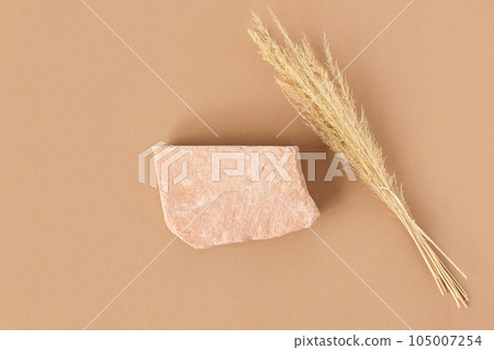 Stone Podium for promotion on beige Background. Natural rock pedestal. One stone, pampas grass. Beauty product mockup. Scene to show products. Showcase, display case. Top View, soft shadow, Flat lay Stone Podium for promotion on beige Background. Natural rock pedestal. One stone, pampas grass. Beauty product mockup. Scene to show products. Showcase, display case. Top View, soft shadow, Flat lay 105007254