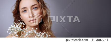 Portrait of a young blonde woman with white flowers 105007281