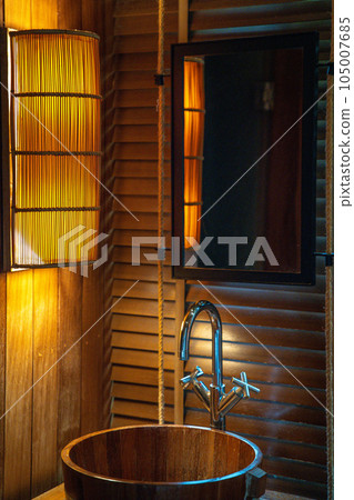 Wooden bathroom in cabin on Haad Tien Beach in shark bay, koh Tao, Thailand Wooden bathroom in cabin on Haad Tien Beach in shark bay, koh Tao, Thailand 105007685