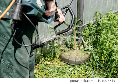 man mows lawn grass with a lawn mower. petrol lawn mower, trimmer close-up. Man working in the garden 105007715