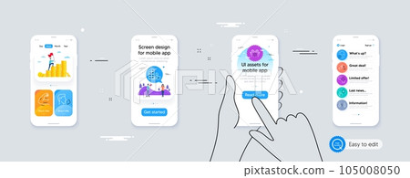 Set of Cyber attack, Health skin and Foreman line icons. Phone ui interface. Include Medical tablet, Inventory, Teamwork business icons. Clapping hands, Cough, Strong arm web elements. Vector 105008050