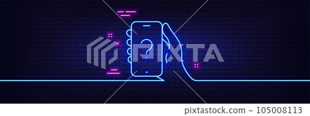 Neon light glow effect. Ask question phone app line icon. Help support sign. Faq questionnaire symbol. 3d line neon glow icon. Brick wall banner. Ask question outline. Vector Neon light glow effect. Ask question phone app line icon. Help support sign. Faq questionnaire symbol. 3d line neon glow icon. Brick wall banner. Ask question outline. Vector 105008113