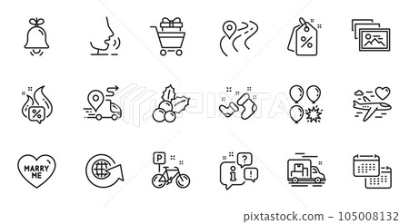Outline set of Marry me, World globe and Calendar line icons for web application. Talk, information, delivery truck outline icon. Include Santa boots, Hot offer, Balloon dart icons. Vector Outline set of Marry me, World globe and Calendar line icons for web application. Talk, information, delivery truck outline icon. Include Santa boots, Hot offer, Balloon dart icons. Vector 105008132