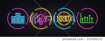 360 degrees, Company and Idea minimal line icons. Neon laser 3d lights. Growth chart icons. For web, application, printing. Full rotation, Building, Light bulb. Upper arrows. Vector 360 degrees, Company and Idea minimal line icons. Neon laser 3d lights. Growth chart icons. For web, application, printing. Full rotation, Building, Light bulb. Upper arrows. Vector 105008152