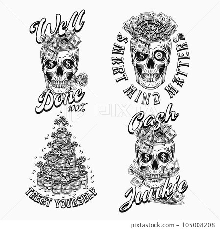 Set of colorful money vintage labels with skull, text. Fantasy, creative, meaningful concept of success, making money. White background. For prints, clothing, apparel, tattoo, t shirt, surface design Set of colorful money vintage labels with skull, text. Fantasy, creative, meaningful concept of success, making money. White background. For prints, clothing, apparel, tattoo, t shirt, surface design 105008208