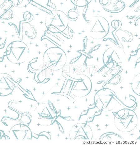 Seamless grunge pattern with icons of all zodiac signs, stars, alchemical signs of the element of fire, earth, air, water. Esoteric mystic concept. Grunge illustration on white background. 105008209