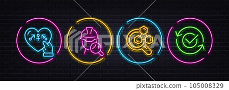 Genders, Chemistry lab and Inspect minimal line icons. Neon laser 3d lights. Approved icons. For web, application, printing. Inclusion, Lab research, Builder review. Refresh symbol. Vector 105008329