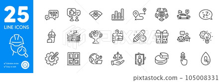 Outline icons set. Arena, Project deadline and Winner cup icons. 5g wifi, Justice scales, Parking security web elements. Inspect, Gift box, Pie chart signs. Journey, Map, Graph chart. Vector 105008331