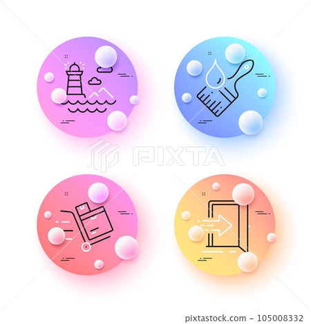 Brush, Entrance and Lighthouse minimal line icons. 3d spheres or balls buttons. Inventory cart icons. For web, application, printing. Art brush, Open door, Navigation beacon. Warehouse goods. Vector Brush, Entrance and Lighthouse minimal line icons. 3d spheres or balls buttons. Inventory cart icons. For web, application, printing. Art brush, Open door, Navigation beacon. Warehouse goods. Vector 105008332