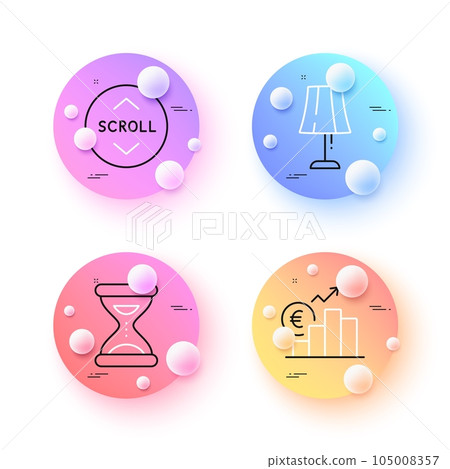 Scroll down, Table lamp and Euro rate minimal line icons. 3d spheres or balls buttons. Time icons. For web, application, printing. Swipe arrow, Bedside lamp, Currency trade. Clock. Vector 105008357
