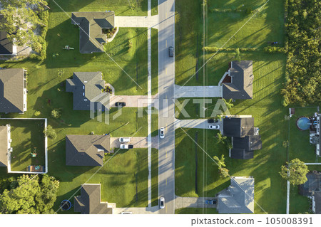 Aerial view of american small town in Florida with private homes between green palm trees and suburban streets in quiet residential area 105008391