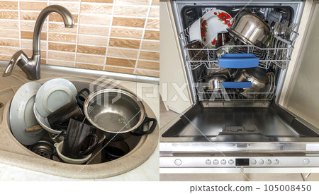 Dirty sink with kitchenware, utensil, dishes. Open dishwasher with clean dishes. Dirty sink with kitchenware, utensil, dishes. Open dishwasher with clean dishes. 105008450