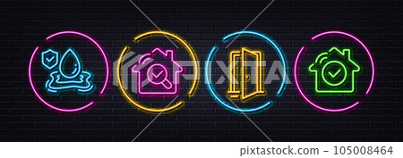 Inspect, Flood insurance and Open door minimal line icons. Neon laser 3d lights. House security icons. For web, application, printing. Search building, Full coverage, Entrance. Smart home. Vector Inspect, Flood insurance and Open door minimal line icons. Neon laser 3d lights. House security icons. For web, application, printing. Search building, Full coverage, Entrance. Smart home. Vector 105008464