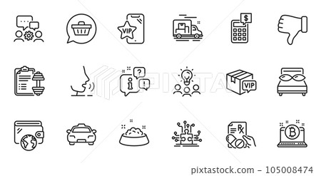 Outline set of Pillows, Vip phone and Engineering team line icons for web application. Talk, information, delivery truck outline icon. Include Dislike hand, Vip parcel, Taxi icons. Vector Outline set of Pillows, Vip phone and Engineering team line icons for web application. Talk, information, delivery truck outline icon. Include Dislike hand, Vip parcel, Taxi icons. Vector 105008474