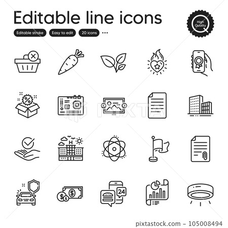 Set of Business outline icons. Contains icons as Atom, Approved and Attachment elements. Flag, File, Motherboard web signs. Award app, Sale, Hotel elements. Report document, Heart flame. Vector Set of Business outline icons. Contains icons as Atom, Approved and Attachment elements. Flag, File, Motherboard web signs. Award app, Sale, Hotel elements. Report document, Heart flame. Vector 105008494