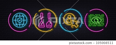 User, Cooking cutlery and Global insurance minimal line icons. Neon laser 3d lights. Artificial intelligence icons. For web, application, printing. Vector 105008511